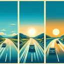 Create an image of a scenic route portrayed in three distinctive stages, reflecting differing speeds of travel. The first section should display calm open roads under clear skies, symbolizing a comfortable driving speed. The second section should illustrate a fast-paced freeway with motion blur on the sides, indicating a higher speed. The last section should depict a peaceful country lane with a slow-moving car suggesting leisurely speed. The transition between these sections should be smooth, indicating continuous travel in one direction, and the sun should be setting in the west.