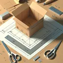 A sharp, modern style illustrative depiction of a 3D environment where a hypothetical 6'' - by - 10'' cardboard sheet sits on a crafts table. A ruler and scissors are there as well. The cardboard has drawn outlines indicating x - in. squares at every corner, the corners are intended to be cut. The whole scenario stages the process of constructing an open box. Make sure the image remains alluring without containing any text.