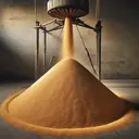 A conical pile of golden-yellow wheat grains being formed on a flat stone floor. The grains are tumbling down endlessly from an old wooden chute positioned directly above. The chute is suspended in the mid-air with ropes and pulleys. The pile reaches a height equal to the radius of its base that measures approximately 8 feet. The pile exudes a sense of dynamic growth, mirroring the continuous flow of wheat from the chute.