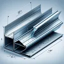 A 3D visual representation of a long rectangular sheet of metal, 12 inches wide, in the process of being fashioned into a rain gutter. Two sides of the sheet are being turned up, forming a right angle with the sheet and transforming it into a three-sided trough. Keep the dimensions visible but refrain from incorporating any numerals or alphabetic text. Include a few droplets of rain falling into the gradually forming gutter to emphasize its purpose. Use shades of grey and silver to depict the metal sheet and gutter, in contrast with the vibrant blue of the rain droplets.