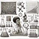 Draw a detailed visual representation of a science laboratory setting. The lab should contain various elements like a microscope, test tubes, scientific calculator, and a chalkboard with an equation. The equation on the board should not be readable, maintaining the 'no text' requirement. Also, include a confused scientist - an African female, pondering over some experiment-result. Place next to her a graph depicting a correlation, again with no readable text or labels.