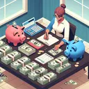 Create an image that depicts a scenario where a woman is dividing her money into two separate accounts. The scene is composed in an animated style and displays a desk with stacks of money, a checkbook, and two piggy banks, one red and the other blue; the red stands for an account with a lower interest rate and the blue stands for an account with a higher interest rate. The piles of money on the desk depict an amount of $2000, and the woman, with a thoughtful expression, is carefully considering which pile to place where. Remember, make sure the image contains no text.