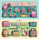 A hand-drawn image highlighting the difference between possession and plurality. The backdrop is a pastel-colored children's classroom filled with diverse, animated objects that are personalized with the name 'Kelly'. One section of the image shows multiple items, like backpacks, all named 'Kelly' to indicate the plural 'Kellys'. Another section shows an object such as a pencil case labeled 'Kelly's' denoting possession. Please ensure the image contains no text, other than the labels on the items.