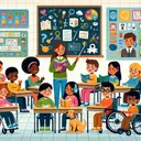 Illustration of a lively classroom setting with a diverse group of students working collaboratively. In the front, a teacher is presenting from an educational poster that shows various mathematical and reading concepts. The diverse students include a Caucasian boy with hearing aid, a Black girl using a wheelchair, a Middle-Eastern boy with a guide dog, and a South Asian girl with glasses reading a braille book. The classroom is colorful and bright, full of educational materials but contains no text.