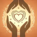 Create an image that represents an abstract representation of care and support, without any text. This image can include a pair of caring hands reaching out to a smaller pair of hands. Add symbolism of love and safety, for example, a heart and shield. The background can be warm and soothing, suggesting tenderness and comfort.
