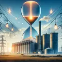 Create an image featuring an industrial gas-fired power station situated in an open field under a clear blue sky. The power station has tall, grey-colored structures, denoting energy generation silos with network of overhead transmission lines coming out of them, indicating the distribution of electrical energy. Adjacent to the power station, visualize an hourglass, symbolizing the concept of energy transformation and efficiency. The top part of the hourglass is filled a bright, luminous energy representative of 1000MJ input, while the lower part has a toned-down luminosity, showcasing the 300MJ electrical output. The gap in the middle represents the 700MJ lost energy, depicted as faintly glowing particles of heat, indicating heat waste.