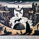An imaginative picture encapsulating the themes of the literary examinations described. The image should be devoid of text, but full of symbolism. It should include concepts from 'No Dogs Bark', representing a grim solitary quest and shadowy figures moving on the edge of an arroyo; 'The Censors', suggesting themes of oppression and survival; and finally, from 'The Divine Comedy', depicting an allegorical scene, where all characters and settings are symbolic. The overall mood of the image should emphasize a somber and thoughtful ambiance.
