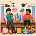 Generate an image of two young boys, one Asian and one Middle-Eastern, performing weekly chores. Alongside them display some common snacks such as chocolate bars, potato chips, and soda representing their expenses. In the background, show a rapidly filling piggy bank with a $72 tag attached to it for the Asian boy, and a slower filling piggy bank with a $52 tag for the Middle-Eastern boy. None of these are containing any text.