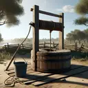 Create a detailed image of a traditional water well standing in a calm and peaceful rural setting, surrounded by trees and clear skies in the background. A sturdy bucket is attached to a thick, well-worn rope which winds around a cylindrical wooden drum with a diameter measuring approximately 15cm. The drum is turned 28 times to pull the bucket up from the depths of the well. Show the mechanism that enables the rope to be wound around the drum, but preserve the simplicity of the scene without using figures, scales or other measurements that might distract from the image's overall appeal.