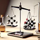 Design an image depicting a laboratory setting with chemistry apparatus. Focus on the foreground where a balance scale is present. On one side of the balance scale place a molecular model of C6H12O6 (glucose), represented with black spheres symbolizing carbon atoms, white for hydrogen, and red for oxygen. On the other side of the scale place a smaller molecular model of C2H5OH (ethanol), using the same color scheme to represent its atoms. Ensure the scale is tipped towards the glucose side to indicate its larger mass. The image should not consist any text.