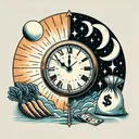 Create an illustration that depicts a vintage clock against a background that transitions from day to night, symbolizing the progression of time from Monday to Tuesday. Also include a sun and moon to emphasize the day and night cycle. Secondly, on a separate image within the illustration, show a small sack of carrots with a dollar bill next to it. Please ensure the image is appealing and does not contain any text.