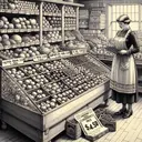 A detailed illustration of an old-fashioned grocery store, with shelves stocked with fresh fruits and vegetables of all kinds. In the center, highlight a large case of mixed fruit, containing various types of fruit like apples, oranges, and bananas. There are 14 smaller boxes inside the case to represent the '14 dozen', and 4 of them should be depicted as spoiled or rotten. Beside the case, place a price tag of $4.50. Also, show a woman, depicting Caucasian descent, dressed in a grocer's apron, standing nearby, pondering over a paper which represents her calculations.