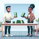 Create an image of a scene where two individuals are standing near each other. The person on the left, representing Will, is a Middle-Eastern male, holding a stack of dollar bills. The person on the right is Molly, an African female, also holding a similar stack of dollar bills. In the middle, place a table with two piles of money, symbolizing the exchange. Everything is set within a minimalist, modern room with white walls, hardwood floors, and a simple table. People are depicted in cartoon style. Please ensure the image contains no text.