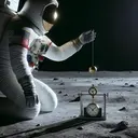 Create a captivating image of a female astronaut of Hispanic descent on the Moon. In her space suit, she is performing an experiment: a small brass ball is attached to a precisely 1.00-metre long string, functioning as a simple pendulum. Captured mid-swing, the pendulum is in stark contrast to the pale lunar surface and the black abyss of space behind. The astronaut is carefully timing the swings with a stopwatch in her other hand. Note that there should be no text in this image.