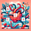 Create a vibrant and appealing image representing a word scramble game. The scene should include visual elements that hint at the subject matter of the puzzles, such as a stethoscope hinting at 'HEART' (question number 4) and an anatomical human vein to represent 'VEIN' (question number 2). However, be sure to keep these elements abstract and stylized to maintain the spirit of a puzzle, and remember not to include any text in the image.