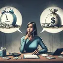 An illustrative representation of a woman contemplating two options for a loan. She, a Middle-Eastern woman, is sitting at a wooden desk, a calculator, a notepad, and some scattered dollar bills in front of her. On her right side, floating above, visualize a bubble containing the image of a clock showing 10 years, and an opaque money bag with an interest tag of 10%. On her left, display another bubble showing two distinct segments: the first, a smaller clock showing 5 years and a slightly bigger money bag with a tag of 12%, and below it, another clock of 5 years with a smaller money bag showing a tag of 6%. The overall ambiance of the setting is serious yet hopeful.