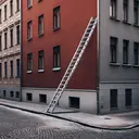 An empty city street during the day. A red brick apartment house stands tall on the right side of the image. Situated against its wall, a silver 5-meter long ladder leans, forming a 50 degree, 32-minute angle with the uneven gray cobblestone ground. The upper end of the ladder reaches high up on the building, creating an interesting visual representation of geometry in the real world context, without any visible text.