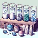 Visualize a basic chemistry laboratory setup. On the bench, arrange four glass beakers each containing a transparent liquid (water), ready for an experiment. In front of these, place four containers, each holding a different type of salt: one should be depicted as a white granular compound to represent hydroxide, another as green crystal structures for carbonate, a bag of reddish-brown powder for nitrate, and, finally, small blue crystals for chloride. Dropped within the each beaker, visualise a silver metallic ion reacting differently with each type of salt solution.