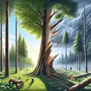 Create a detailed, appealing image of a beautiful 18-meter tall tree in a peaceful forest setting, standing tall and strong. Now, transform the scene to post-storm chaos with the same tree broken due to severe weather. The tip of the broken trunk touches the ground 12 meters away from the base of the tree. Depict details such the stormy skies and fallen leaves to communicate the severity of the storm. Recreate this scenario without any text or numerical figures in the visual representation.
