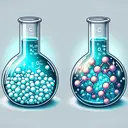 An illustration of a laboratory scene depicting the comparison of two gases. On one side, the substance is neon, shown as small spherical atoms in a transparent flask. On the other side, there is ammonia with complex shaped molecules inside a similar flask. Put an emphasis on the difference in volume inside the flasks and the differing intensities of the molecules' attractive forces. Remember, no text or symbols are to be included in this illustration.