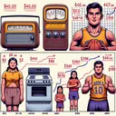 Create a detailed illustration that visually represents percentage changes. Visualize the price change of a classic vintage portable radio from $40.00 to $44.00. Show the price inflation of an old-style oven from $450 to $396. Depict the scoring average changes of a basketball player from 20 points per game to 24 points. Show a Hispanic football player named Jorge's weight transformation from the start of the season to the end, displaying the change from 150 pounds to 138 pounds. Lastly, illustrate a South Asian girl named Sara, showing her improvement in a math test score from 40 to 60.