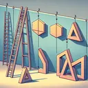 Create an image representing geometric problems with similar shapes and proportionality. Show a scene with three sets of objects: ladders leaning against a wall, two pairs of polygons side by side, and multiple sets of triangles. Details are as follows: 1) Two ladders of different lengths standing against a wall at the same angle. The heights are not specific in the visuals but depict one ladder reaching higher on the wall than the other. 2) Two pairs of polygons, maybe a pair of pentagons and a pair of hexagons, appearing similar in shape but different in dimensions where one is larger. 3) Finally, few sets of triangles of varying sizes to represent similar figures are examined to find proportionate side lengths. The sizes vary from one set to another, but the shapes of the triangles in each set are alike.