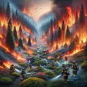 A realistic image of a forest valley in the process of burning. Fiery hues of bright orange and red are capturing the once tranquil flora. To the side of the scene, a number of firefighters are rushing to stop the fire. Each firefighter is equipped with firefighting equipment such as fire-proof suits, helmets, and handheld hoses. All of them are portraying a sense of urgency to emphasize the crisis situation.