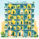 Illustrate an apartment building with windows acting as visual representation of its inhabitants. Depict 3/7ths of the building's windows with silhouettes of men, followed by 5/8ths filled with silhouettes of women. Leave some windows empty to signify children. The building should be sizable but not gigantic, hinting at the total of 220 men and women living there. Surroundings can include a common urban setting with a clear, sunny day. Ensure the image does not have any text.