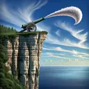 A detailed image of a serene coastal landscape with a high cliff that has its edges rimmed in lush greenery. Atop the cliff, a stylized, antique cannon is aimed towards the horizon where the calm ocean meets the sky. A trail of smoke cascades out of the cannon’s mouth, signifying a recently fired projectile. The projectile, depicted as a small, round cannonball, is mid-air, having traced a perfect parabolic arc from the cannon and now plummeting towards the sapphire blue ocean surface. The sky behind witnesses the spectacle with wispy white clouds casting beautiful shadows on the sea's surface, suggesting a passage of time approaching 49.2 seconds.