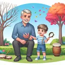 A visually pleasing image depicting a middle-aged man with distinguishable grey hair and a young boy, both representing different generations. They are enjoying a pleasant day in the park. The man appears cheerful while the boy, who would be his son, shows curiosity and youthful energy. Tambourines are scattered around them, symbolizing the surname 'Bellini'. There are four leafless trees in the background representing '4 years ago', and five vibrant blossoming trees present, signifying '5 times'. No textual elements are included in the image.