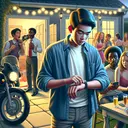 Create a tableau image that represents a dilemma in a teenage party setting. Picture a teenager standing in the middle of a lively party, clearly a little anxious as he glances at his wristwatch. His friend, an Asian male, is offering him a ride on a motorcycle parked outside, hinting toward the beckoning outside door. In the background, his hostess, a Black female, is engrossed in a conversation on a landline phone, seemingly ignoring him. Subtle discomfort and the need to take a decision should reflect on the teenager's face. The colours should evoke an evening mood, under the soft festoon lights in a suburban house party.