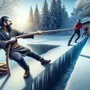 Create an image showcasing the scene described. A person, of South Asian descent and male, is shown pulling one end of a long rope with a determined facial expression. The rope is tied on the other end to a sturdy brick wall, and another friend, a Black female, pulls on the other end. The rope also affixes an object on smooth ice. The tension in the rope is visible, representing the opposing forces. The entire scenario is encapsulated in a tranquil winter setting with the ice glistening in the sunlight, surrounded by snowy trees.
