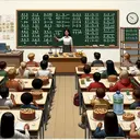 A depiction of a math-related scene. Imagine a classroom setting with a chalkboard displaying various fractions and multiplication symbols. The scene includes a diverse mix of students, both male and female, of all descents including Hispanic, East Asian, Middle Eastern, Caucasian and Black. They are keenly observing the chalkboard, with stacks of cookies on their tables - symbolizing the cookie baking problem. On their desks, there are also scales with gallons of water to signify the problem related to the weight of a gallon of water. Note: There should be no visible answers or text in the image.