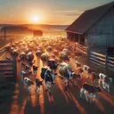 Create a serene and calm image illustrating an idyllic farmyard scene. The sun is setting, casting warm light over the landscape. In the forefront, well-fed cows return from the pasture to the barn. The pens can't hold back the lively calves, who break free to join their mothers. The scene is full of life, chaotic yet sweet, as the calves cluster around their mothers and bawl softly, reflecting a deep sense of dependency and connection.