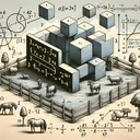 Create a conceptual image that conveys the theme of mathematics and problem-solving. The primary focus should be on symbolic representations of mathematical operations, such as the multiplication of a cubed term with a square term or an exponential function interacting with a power of ten. Also, include the visual elements indicating a fenced rectangular pasture, which signifies the area calculation. Please avoid any specific text or equations from the provided question list, keep the scene abstract and metaphorical.