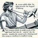 An illustration is needed to visualize a part of 'The Odyssey' story. A scene in which a character slides his right hand down the cord of an instrument, making a vibrating sound that resembles a swallow's song. This scene is set in Ancient Greece, with the character dressed in traditional Greek clothes.