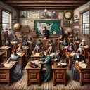 An artistic and detailed representation of a vintage classroom setting where multiple students of different descents and genders are in deep thought, presumably trying to solve a history quiz. The room contains elements that reflect the theme of the quiz, such as an antique map of the United States on a wooden wall, a globe on the teacher's desk, and a chalkboard illustrating the concept of Manifest Destiny. The students sit on antique oak desks, holding in their hands old-fashioned ink pens poised over paper. The overall atmosphere should evoke a sense of concentration and academic determination.