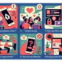 Create an illustration to accompany a series of multiple-choice questions about online behavior and safety. The image should be engaging and depict the concepts included in the question such as: individuals being careless online, sharing photos securely, posting potentially offensive content, and risky actions like sharing personal information on unsecured websites. Please ensure the illustration does not include any text.