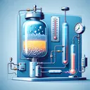 Depict a scientific scene involving a closed container holding a gas sample. The container is being cooled in an insulated system, showing a change in the state of matter. The image should visually demonstrate the transition of gas at a high temperature into a liquid state at a cooler temperature, symbolizing the principle of heat release in physical transformations. Include illustrations of a thermometer indicating the changes in temperature, and a pressure gauge for depicting the initial pressure. There is no human presence in this image.