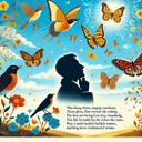 An engaging illustration that complements a poem about summer. In the scene, a blue sky stretches overhead. Thrushes are seen singing ceaselessly and butterflies, hued in shades of gold and orange, flutter by, their colorful wings reminiscent of blossoming flowers. A silhouetted individual squints thoughtfully up towards the sky, attempting to visualize winter, but finding it difficult amidst the lively beauty of the summery atmosphere. Note that the image must be devoid of text.