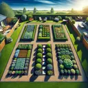 Create a visually stunning image of a neatly maintained garden, divided into five equal sections. The garden could be rectangular in shape, divided by small pebble or stone paths. Within the sections, there could be variant plants or flowers representing different varieties. The garden could be situated in a suburban environment, under a clear blue sky, with a beautiful home in the background. There should also be an implication of a plan for Holly to reorganize and fence these five equal sections into three distinct areas, without any clear fencing yet.