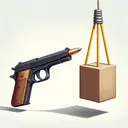 Illustrate a detailed, non-text image related to a physics experiment. Show a small, metallic bullet in mid-air, having just been fired from a classic black, iron handgun. The bullet is heading towards a large, brown block of wood hanging from a thin rope turning it into a pendulum. The wooden block is up in the air at the height of its swing, which is about as tall as a stack of 16 regular sized yellow pencils. The background includes a clean, white physics lab environment.