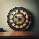 Create an engaging and intriguing image of a vintage analog wall clock with a distinct finish. It should reflect the exact time at 6:10. It features a clean dial with large hour and minute hands. The background of the image should be ambiguous to not distract from the clock. Please, ensure that the image contains no text or digital indicators related to time.