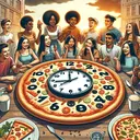 Create an image featuring a group of teenagers enjoying a pizza party. There should be a large pizza on a table surrounded by a variety of delicious toppings. In the center, place an oversized analog clock showing the time passing. The scene should be set in a sunny afternoon, casting warm lighting. The teenagers should be of various descents including Hispanic, Middle-Eastern, Black, Caucasian, and South Asian, and with a balanced mix of genders. The depiction should be lively and energetic, capturing the essence of youth and shared meals. Make sure no text is included in the image.