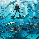 Generate an attractive image presenting a safe deep-sea diving scene with multiple playful sharks and a diver interacting. The ocean water should be clear, allowing a good view of the various species of sharks. The diver should be outfitted in professional gear, floating peacefully among the magnificent creatures. Additionally, make sure the image contains no text.