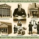 Illustrate an image representing the early actions of a historical politician during a financial downturn. Show a closed stock market, symbolized by a padlocked stock exchange building. Include a figure signing a bill with a small factory in the background, symbolizing industrial support. Also, portray closed banks signified by chained bank buildings. Lastly, showcase the figure holding scales, symbolizing government's role in price control. Please make sure the image does not contain any text.
