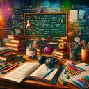 Paint a lively, academic scene with a focus on grammar and punctuation. Let's see a vivid wooden desk populated with elements indicative of grammar rules such as a stack of hardcover books about English syntax, a jar of pencils, and sheets of paper riddled with annotated sentences. In the background, a chalkboard displaying an array of punctuation marks and capitalization examples. Lastly, a pair of headphones rests on the desk, reflecting the voice-related question. No human figures are present and make sure no text is included in the image.