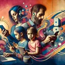 Create a creative and abstract image representing communication and technology within the context of family dynamics. Depict a family of four members (a Caucasian father, a Middle-Eastern mother, a South Asian son, and a Hispanic daughter) utilizing various forms of modern technology such as smartphones, laptops, or smart speakers. Infuse an underlying theme of disconnection or distraction, illustrating the potential impact of technology on interpersonal relationships within a family.