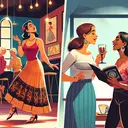 Create an image of two scenes. Scene 1: Two Hispanic women involved in recreational weekend activities. The first woman, Maribel, is elegantly dancing salsa in a brightly lit dance studio. The second woman is singing opera passionately in a modern music studio, her sheet music spread out in front of her. Scene 2: A friendly interaction between two women: Erica, a Middle-Eastern woman cordially greeting another woman and Carolina, a South Asian woman responding with a friendly gesture. Both of them are holding coffee cups in a cozy cafe.