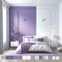 Visualize a neat, cleanly arranged bedroom painted in a pattern of two main colors: white and lavender. The walls have been vividly painted - 2/5 of the wall is coated in a crisp white color, and 1/2 of the wall is covered in a calming shade of lavender. Apply the principle of fractions in the divisions: The whiteness spans two-fifth of the wall's total area, while the lavender engulfs a half. The room's other elements such as the bedding, the window drapes, and pieces of furniture should subtly complement the wall's dual-color pattern.